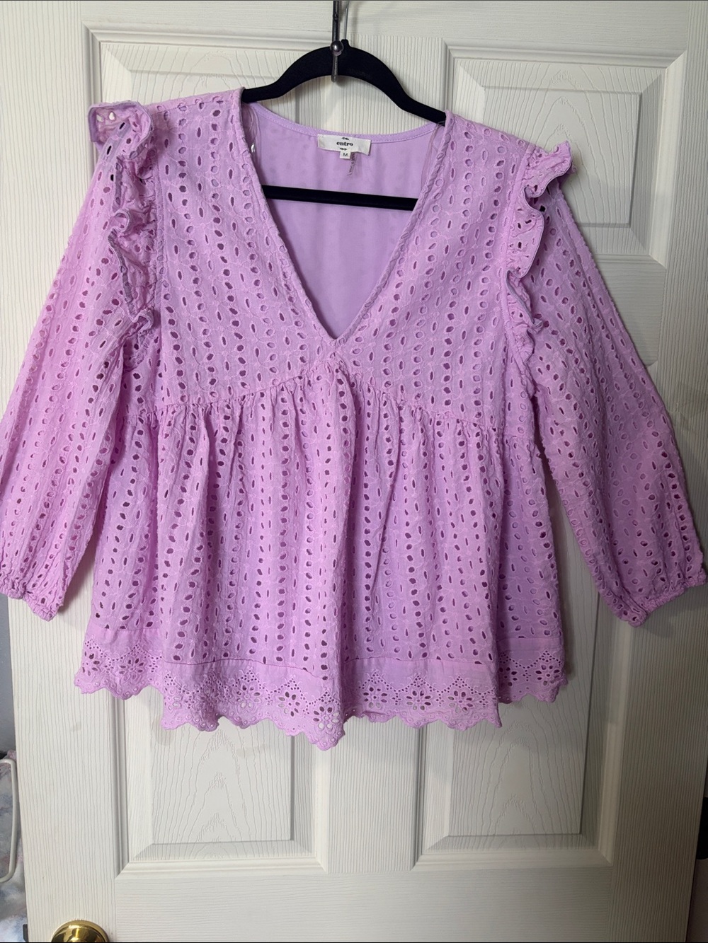 entro Lavender Eyelet V-Neck Ruffle Peplum Tunic